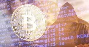 Bitcoin image on top of computer code next to hooded figure