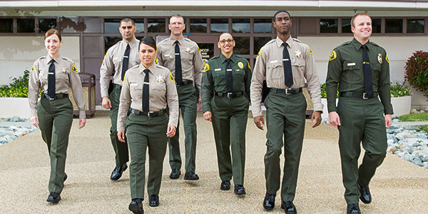 Image of Seven uniformed men and women. There are 5 people dressed in Sheriff's Deputy Uniforms: Tan long sleeve shirt with green pants and black shoes and black ties, They also have a gold badge on the left side of the uniform shirt. There are two people dressed in all green longsleeve Custody Assistant uniforms. Green shirt with green pants, Gold embroidered badge on their left shirt side.