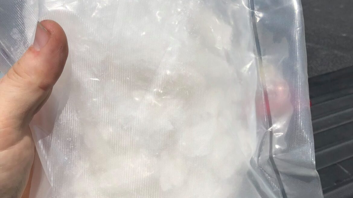 Bag of methanphetamine, Large bag, aproxemetly 8 inches by 6 inches, full of white rock like substance.