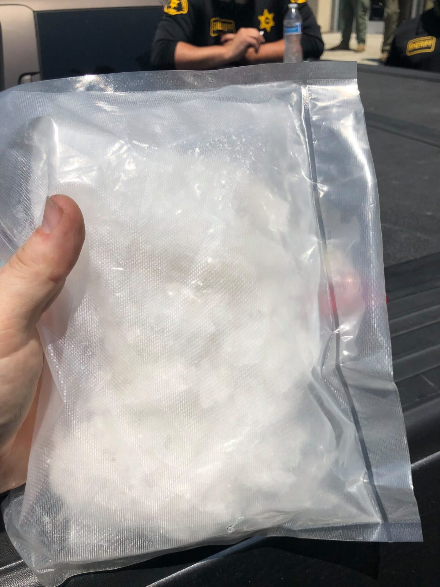 Bag of methanphetamine, Large bag, aproxemetly 8 inches by 6 inches, full of white rock like substance.