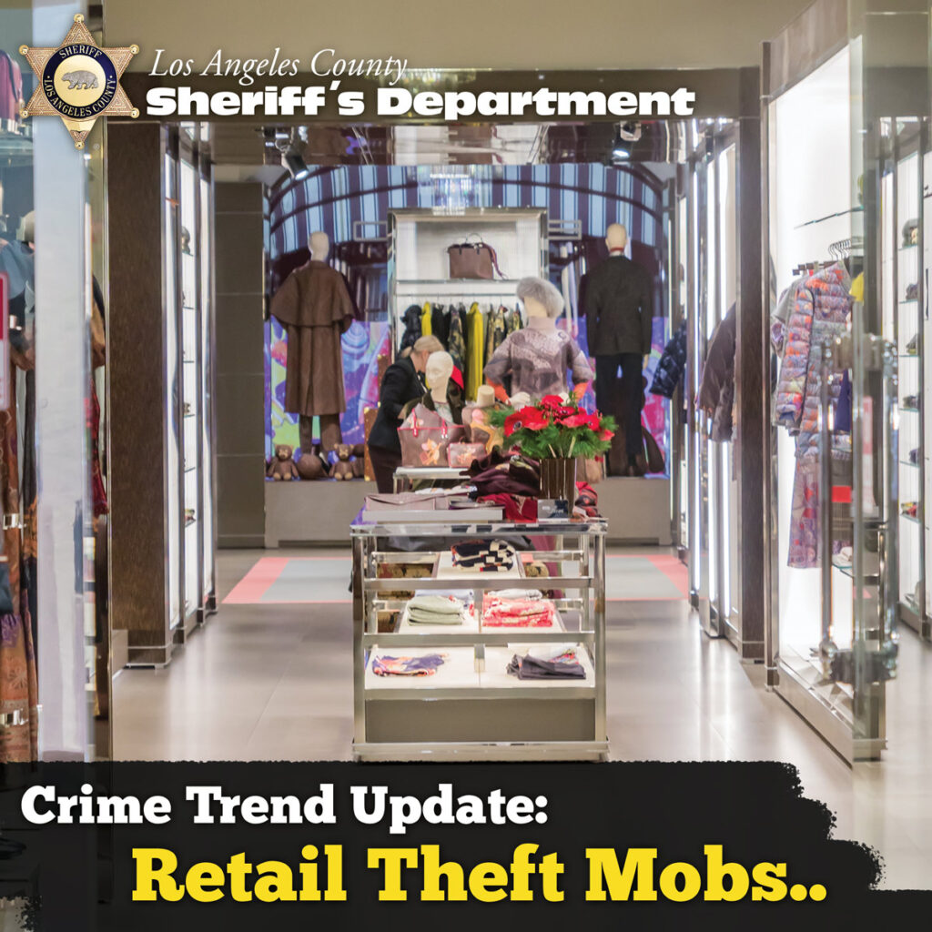 text reads, "Crime trend update: Retail theft mobs". image of a store front with well lit shelves and designer clothes are on maniquins and folded neatly on shelves.