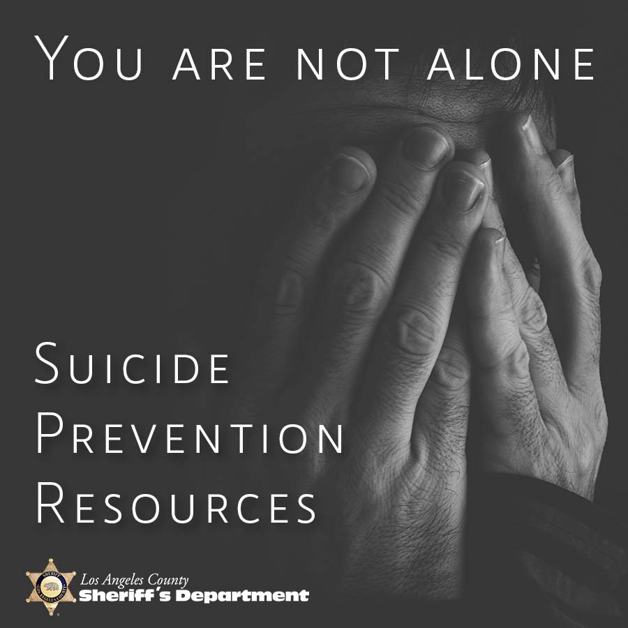 black and white image of a person with their hands folded over their face. words accross the top read "you are not alone". The next line reads " Suicide Revention Resources".