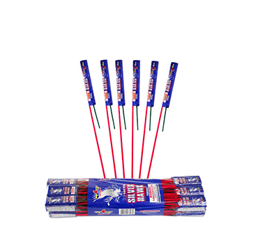 6 bottle rockets: long red sticks are holding up a cylindrical charge that is about three inches long. a green two inch fuse is found at the bottom. A package of bottle rockets are laying below. 