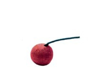 Cherrybomb: round spherical firework that is red in color with a two inch green fuse sticking out of the top. 