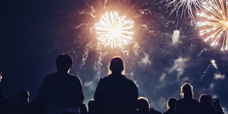 Night time image. Fireworks are going off in the air as people sit in the grass looking up.