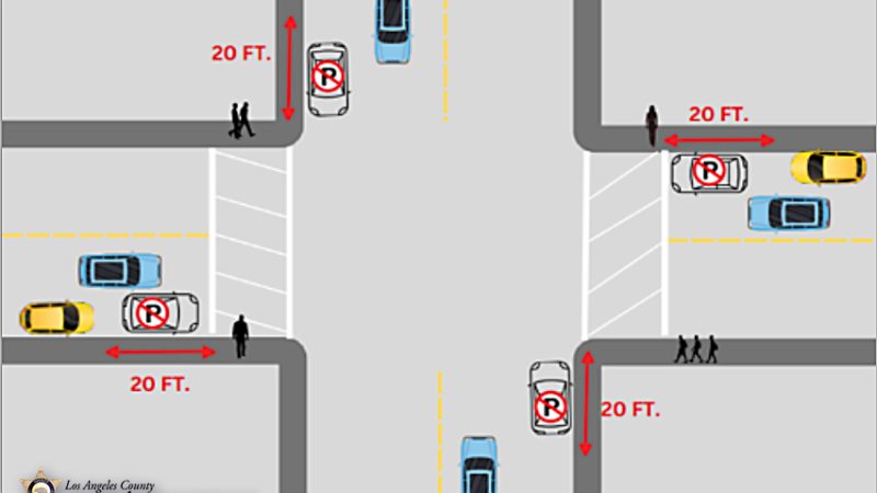 Illustration of a four way intersection. a parked car closest to the corner has a red X noting that it is too close to the curb. And approacing vehicles cannot see the pedestrian on the corner waiting to cross.