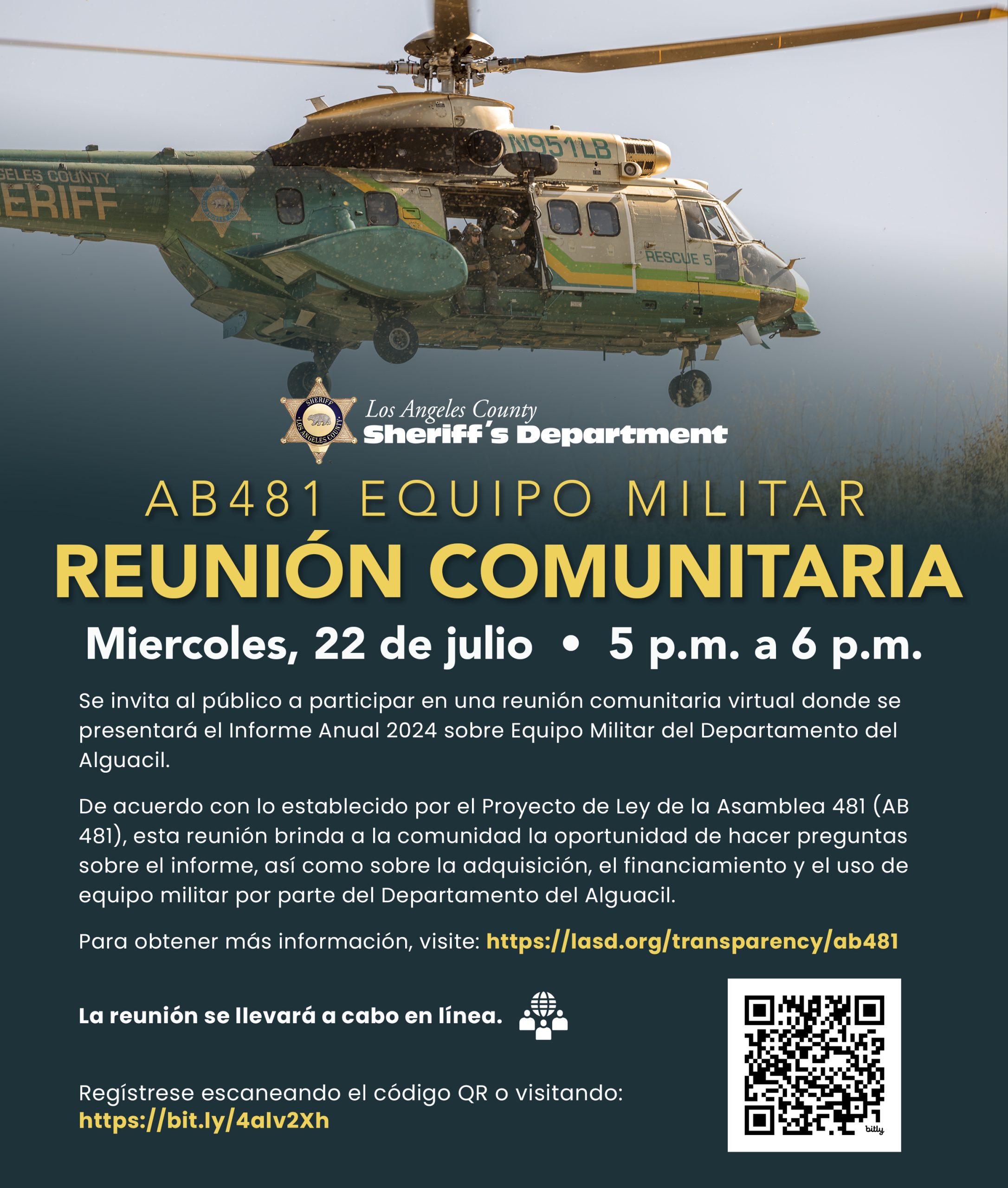 Community Meeting: AB481 MIlitary Equipment. Wednesday july 22, 2026. 5pm to 6pm. Sheriff's Department helicopter hoviering in the air.