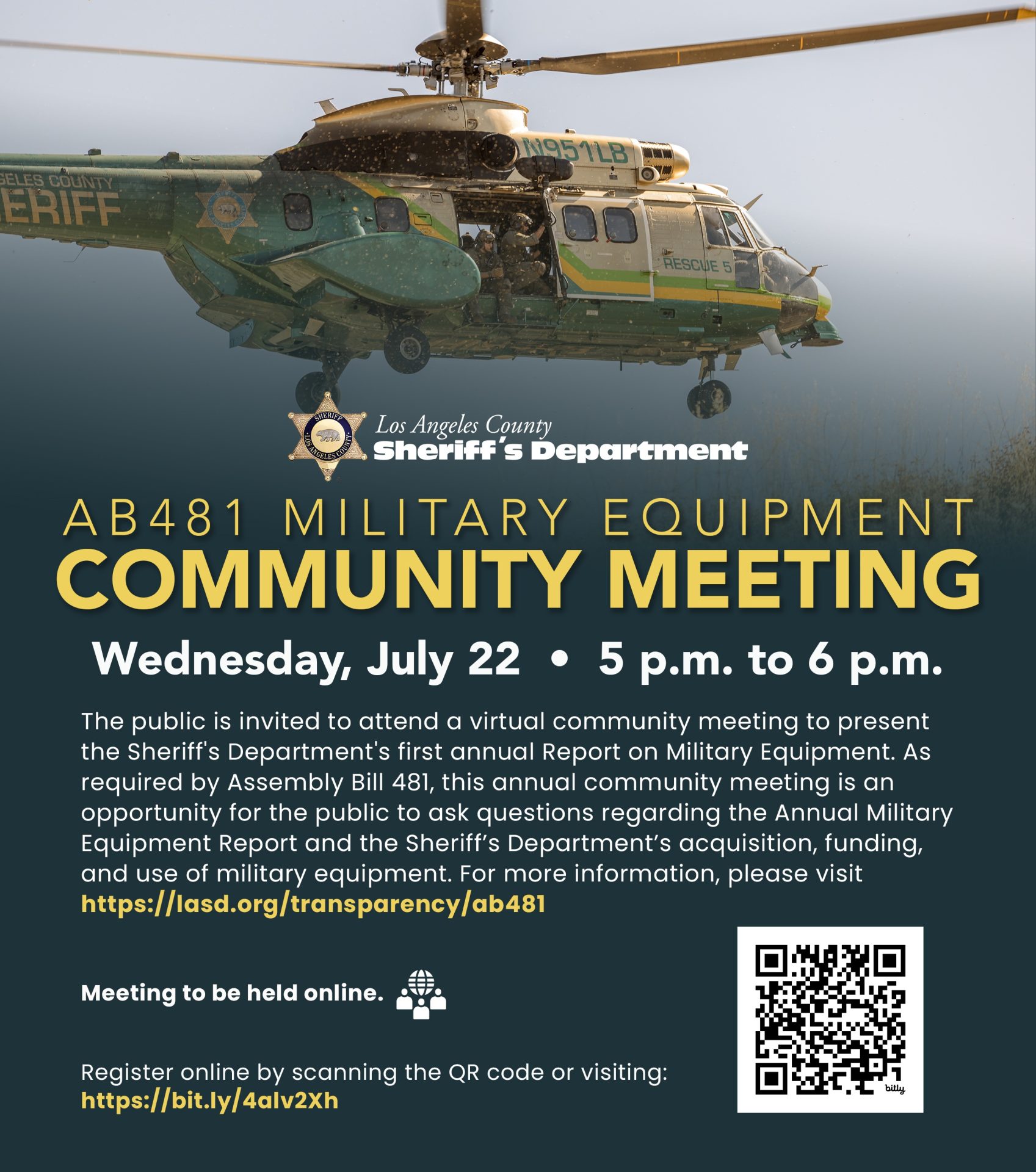 Community Meeting: AB481 MIlitary Equipment. Wednesday july 22, 2026. 5pm to 6pm. Sheriff's Department helicopter hoviering in the air.