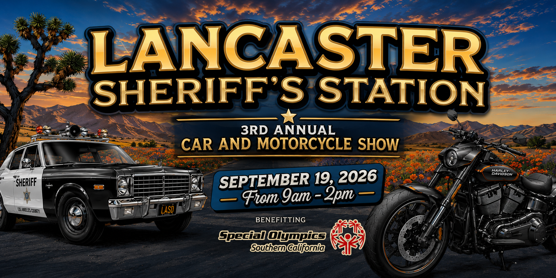 Lancaster Sheriff's Station 3rd Annual Car Show September 19, 2026 from 9am to 2pm benefitting Special Olympics of Southern California